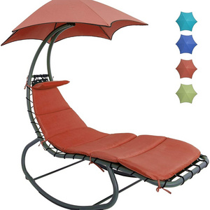 Outdoor Hanging Curved Steel Chaise Lounge Chair Hammock Chair With Built-in Pillow and Removable Canopy