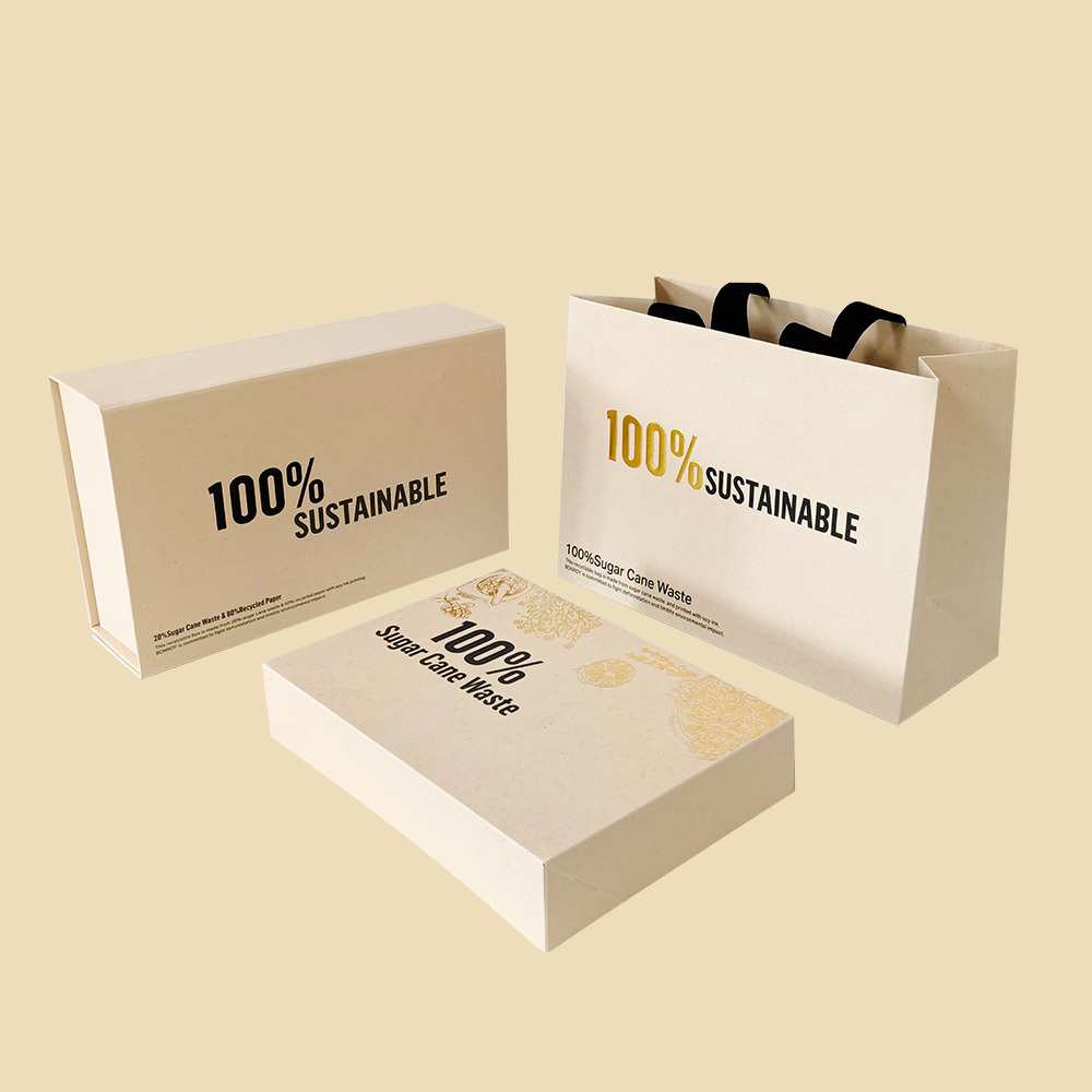 Customized Biodegradable Package Gift Paper Shopping Bag and Paper Box Made By Eco-Friendly Natural Compostable Sugarcane Paper