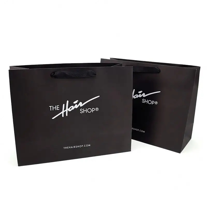 Luxury Clothing Packaging Gift Carrier Bag Cardboard Black Hair Paper Bag Custom Printed Logo Shopping Paper Bags