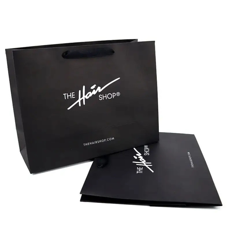 Luxury Clothing Packaging Gift Carrier Bag Cardboard Black Hair Paper Bag Custom Printed Logo Shopping Paper Bags