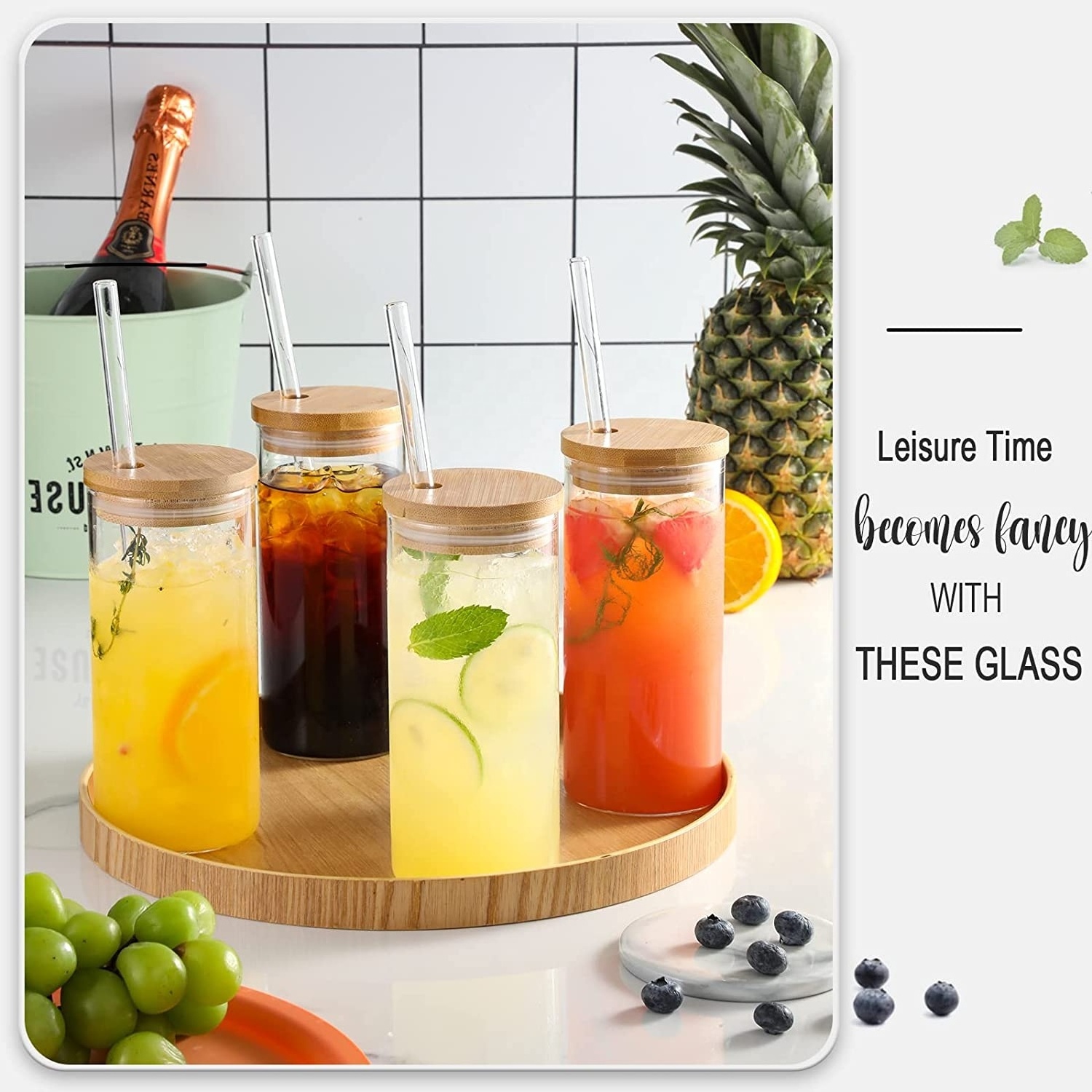 Borosilicate Glass Tumbler Cups Tall Clear Iced Coffee Cups Drinking Glasses with Bamboo Lids and Straws for Smoothie, Water