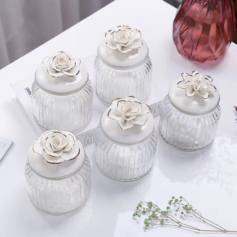 Flowers Decorative glass canister Modern Designer Food Sealed Canister Glass Kitchen Canister Home Decor Jars With lid