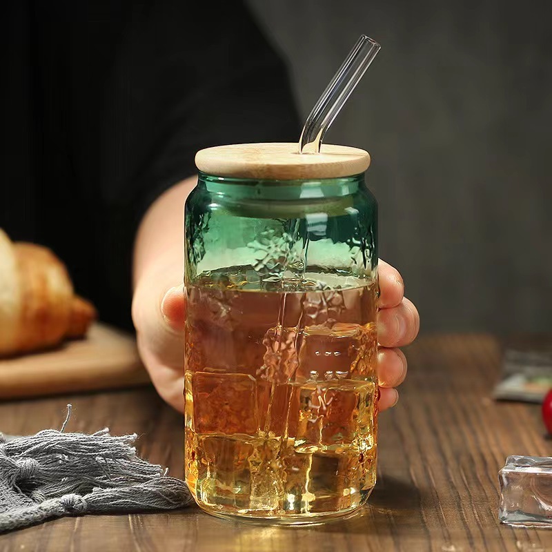 Drinking Glass 16 oz Can Shaped Boba Tea Glass Beer Can Cups with Bamboo Lids and Glass Straws for Juice Beverage Milk