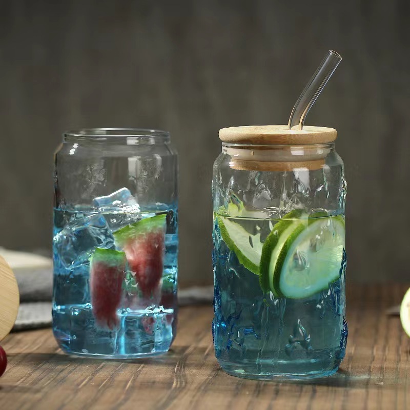 Drinking Glass 16 oz Can Shaped Boba Tea Glass Beer Can Cups with Bamboo Lids and Glass Straws for Juice Beverage Milk