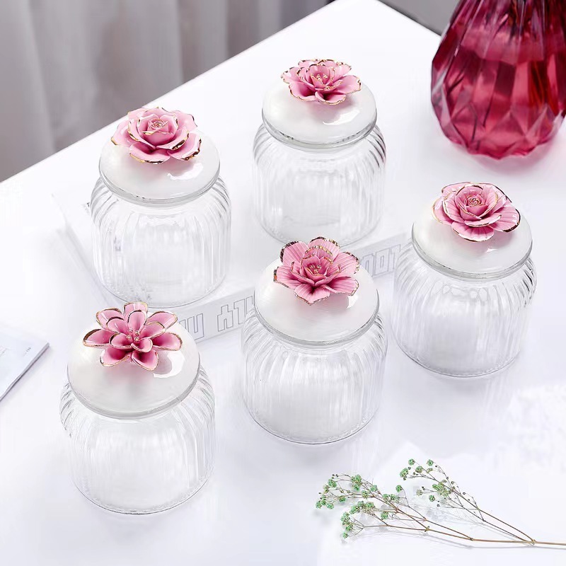 Flowers Decorative glass canister Modern Designer Food Sealed Canister Glass Kitchen Canister Home Decor Jars With lid