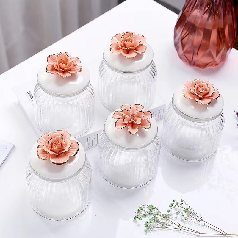 Flowers Decorative glass canister Modern Designer Food Sealed Canister Glass Kitchen Canister Home Decor Jars With lid