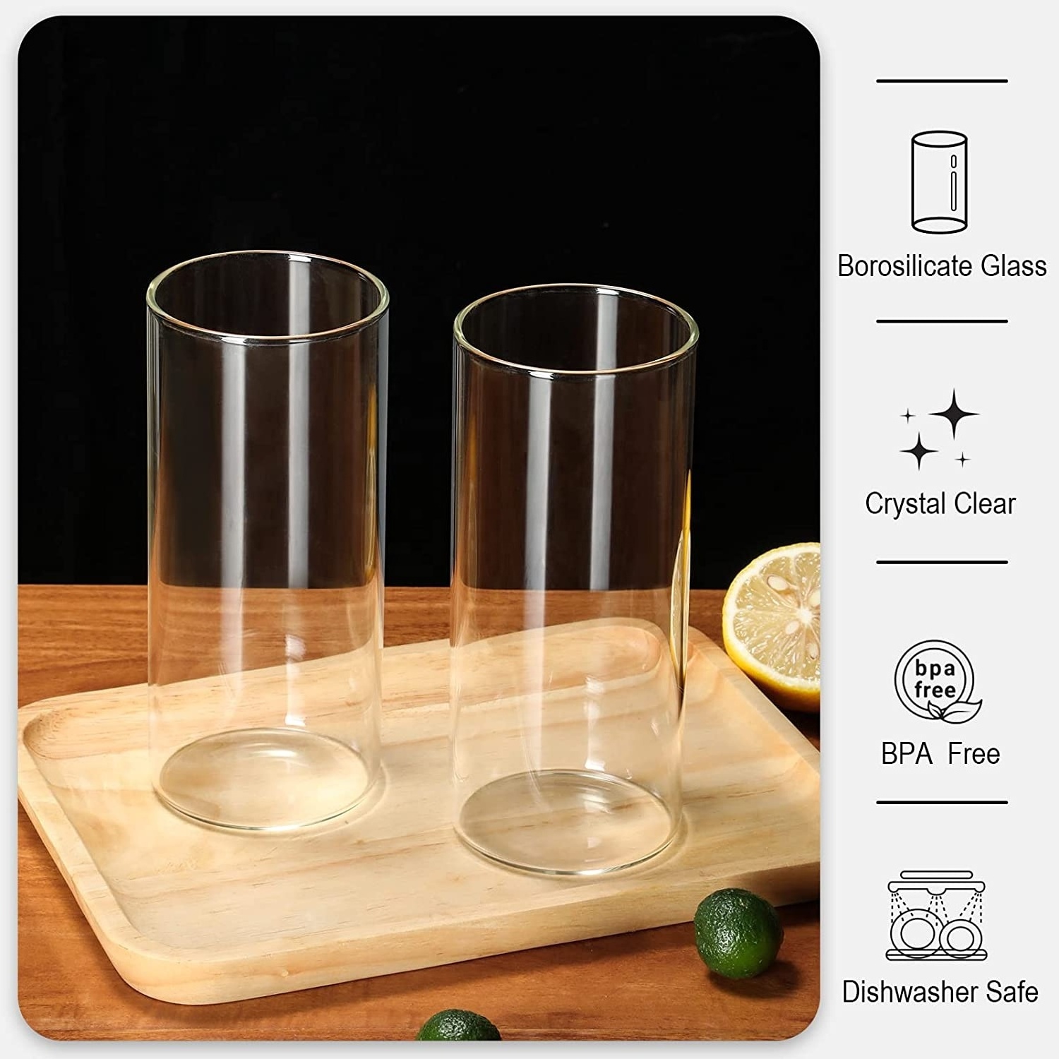 Borosilicate Glass Tumbler Cups Tall Clear Iced Coffee Cups Drinking Glasses with Bamboo Lids and Straws for Smoothie, Water