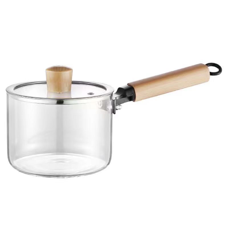 Heat Resistant Stovetop safe Glass cookware 1.5L small soup milk pot Glass Sauce pan with bamboo or wooden lid