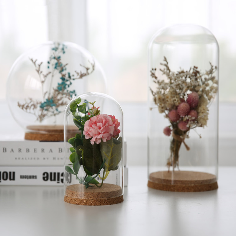 Glass dome With Wooden Base Bell Shape Flower Cover Stand display Wedding Decoration