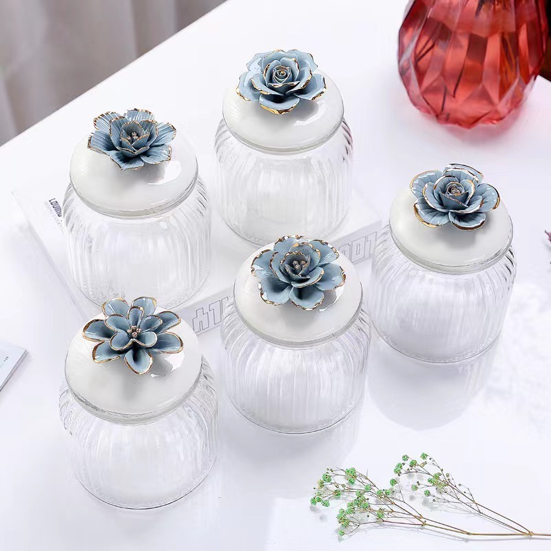 Flowers Decorative glass canister Modern Designer Food Sealed Canister Glass Kitchen Canister Home Decor Jars With lid