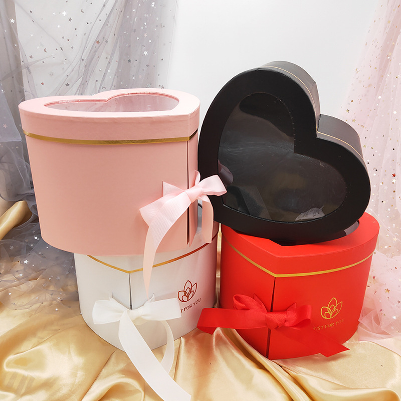 Wholesale Pink Revolving Roses Flower Box 2 Layers Heart Shaped Flower Box With Lids And Window Heart Box For Flowers Bouquet