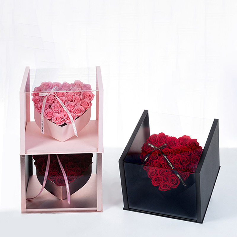 Valentines Day Mother's Day Luxury Square Transparent Plastic Gift Packing Boxes Rose Flower Boxes With Drawer