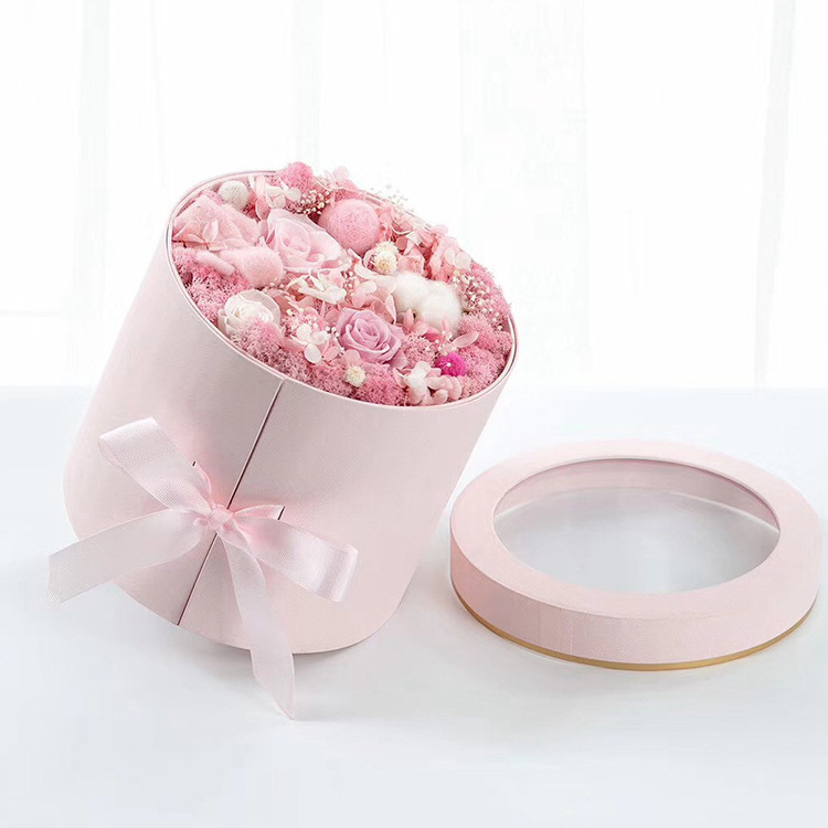 Valentine's Day Gift Rose Gold Logo Rotating Rose Flower Packaging Cardboard Paper Flower Box 2 Layer Round Flower Box