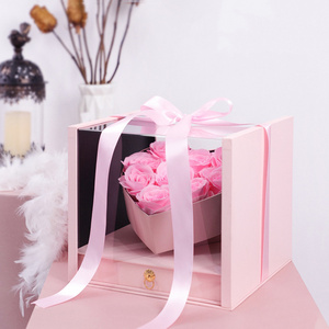 Valentines Day Mother's Day Luxury Square Transparent Plastic Gift Packing Boxes Rose Flower Boxes With Drawer