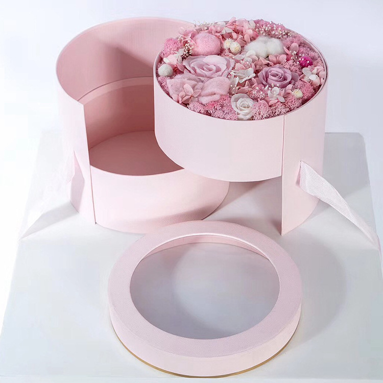 Valentine's Day Gift Rose Gold Logo Rotating Rose Flower Packaging Cardboard Paper Flower Box 2 Layer Round Flower Box