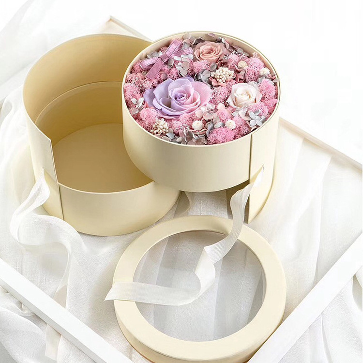 Valentine's Day Gift Rose Gold Logo Rotating Rose Flower Packaging Cardboard Paper Flower Box 2 Layer Round Flower Box