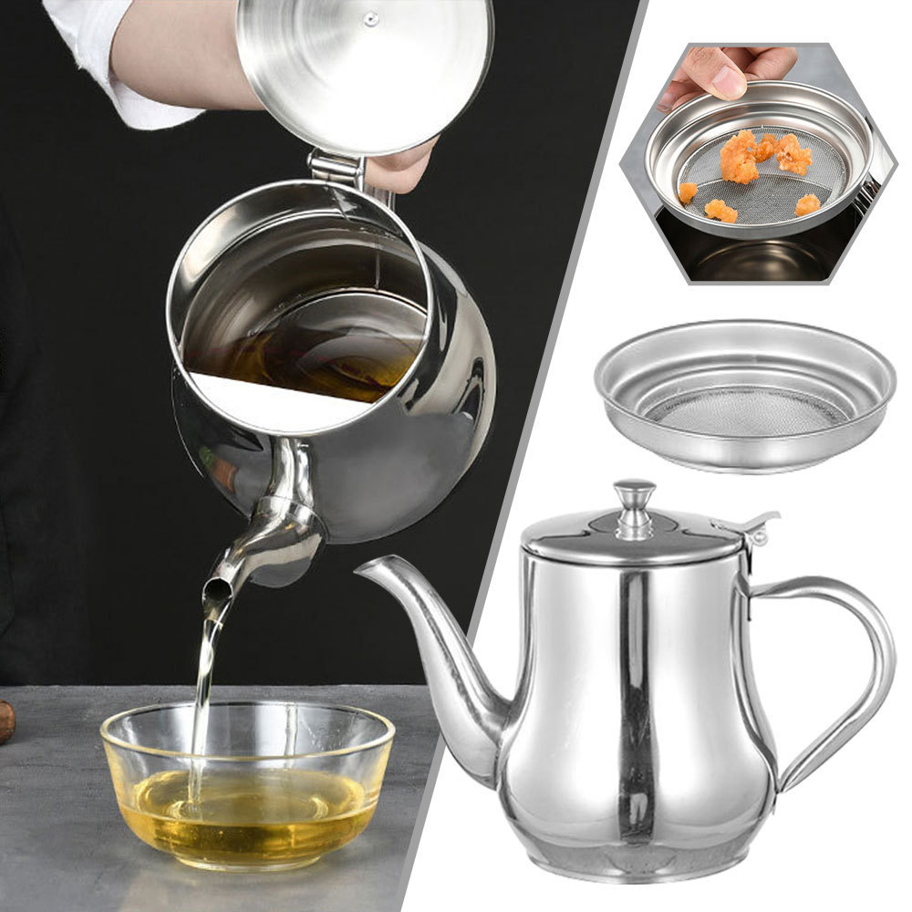 Stainless steel Oil Pot With Filter Screen Strainer Mesh Filter Oil Can Wide Spout Non-slip Bottom 13oz 18oz 24oz 48oz