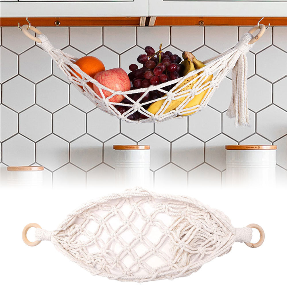 Hanging Fruit Hammock for Kitchen Under Cabinet Macrame Fruit Basket Net Veggies Hammock For Extra Storage