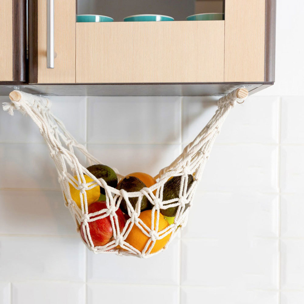 Hanging Fruit Hammock for Kitchen Under Cabinet Macrame Fruit Basket Net Veggies Hammock For Extra Storage