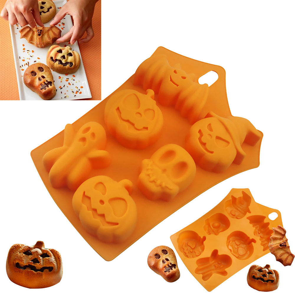 Halloween Cake Cookie Molds DIY Halloween Candy Chocolate Moulds Pumpkin Wizard Hat Ghost Bat Skull Brain Baking Silicone Mold