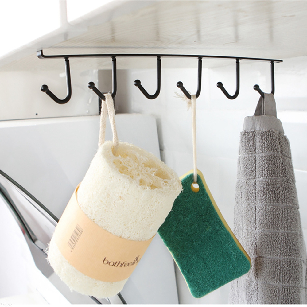 Kitchen Storage Racks Iron Holders 6 Hooks Single Rowl Hanger Cupboard Cup Bowl Hanging Shelf Holder Bathroom Cabinet Organizer