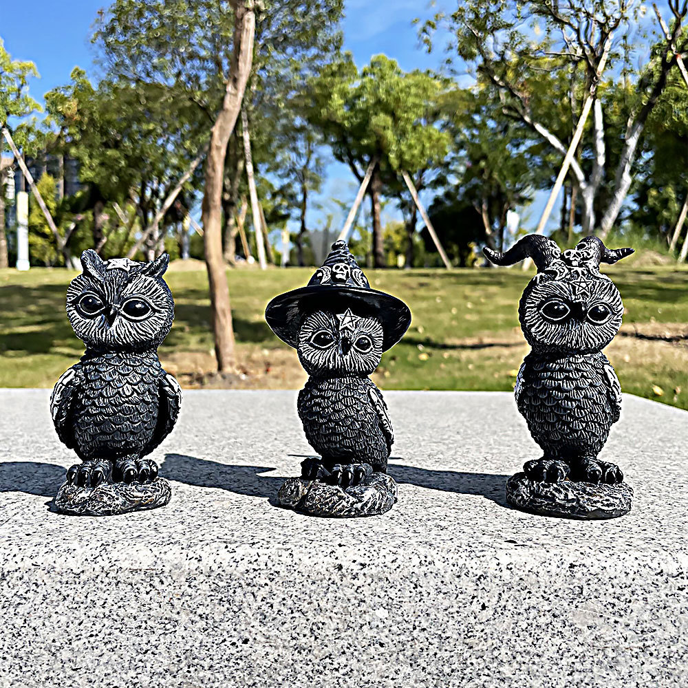 Mini Magic Owl Halloween Black Figurine Resin Witchcraft Statue Lawn Gnome Garden Decor Outdoor Vintage Horror Statue Crafts