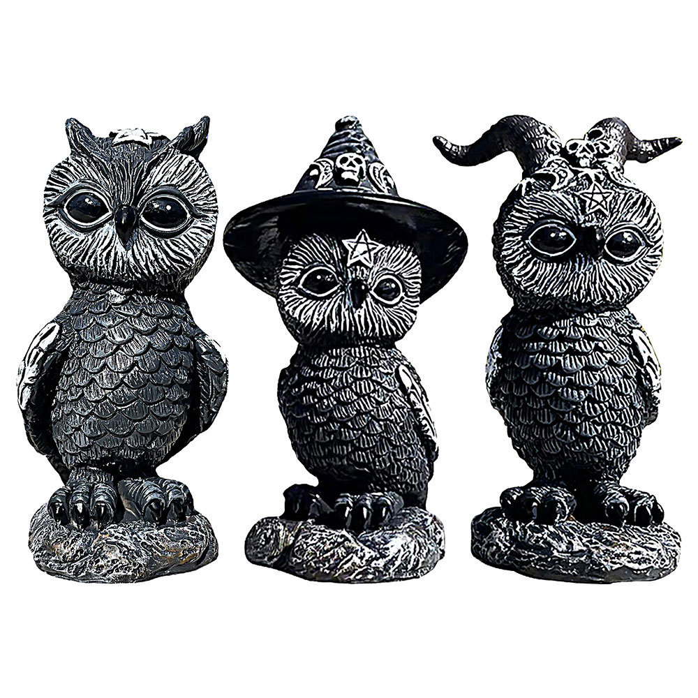 Mini Magic Owl Halloween Black Figurine Resin Witchcraft Statue Lawn Gnome Garden Decor Outdoor Vintage Horror Statue Crafts