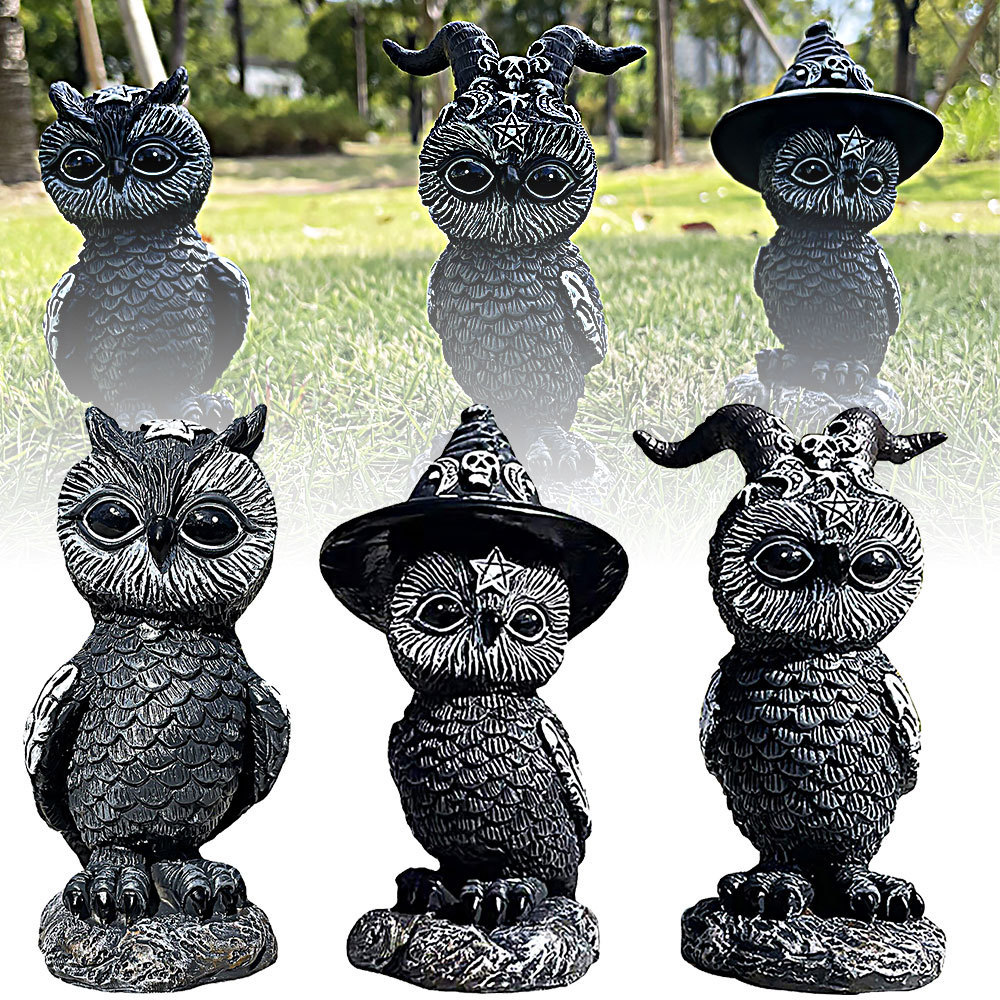 Mini Magic Owl Halloween Black Figurine Resin Witchcraft Statue Lawn Gnome Garden Decor Outdoor Vintage Horror Statue Crafts