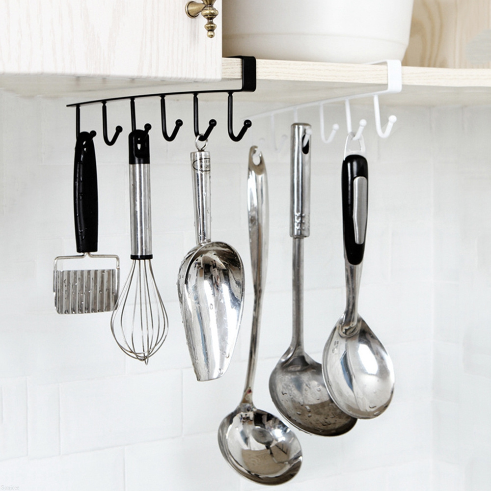 Kitchen Storage Racks Iron Holders 6 Hooks Single Rowl Hanger Cupboard Cup Bowl Hanging Shelf Holder Bathroom Cabinet Organizer