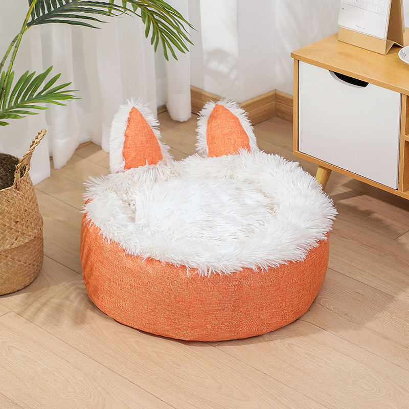 Wholesale Pet Bed Round Cat Beds Soft Long Plush House Cat Ears Shape All Seasons Removable Cushion Cozy Sleeping Dog Basket