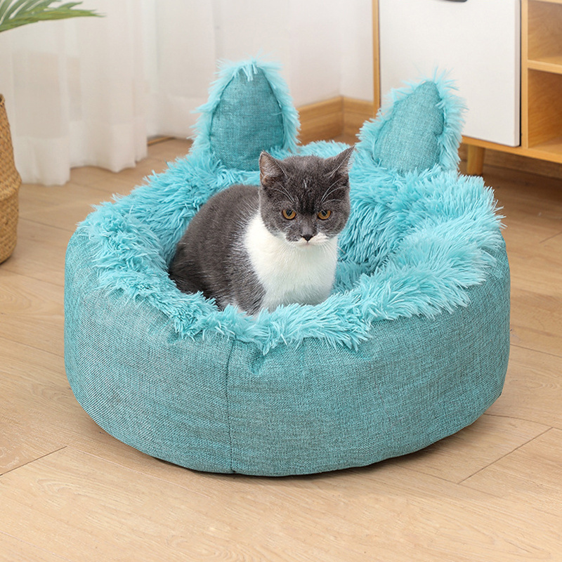 Wholesale Pet Bed Round Cat Beds Soft Long Plush House Cat Ears Shape All Seasons Removable Cushion Cozy Sleeping Dog Basket