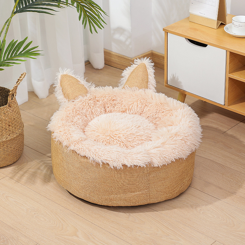 Wholesale Pet Bed Round Cat Beds Soft Long Plush House Cat Ears Shape All Seasons Removable Cushion Cozy Sleeping Dog Basket