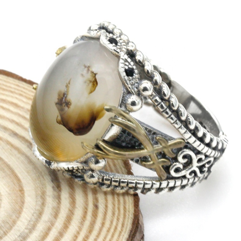 Wholesale 925 Sterling Silver Natural Agate Stone Rings for Men Antique Jewelry