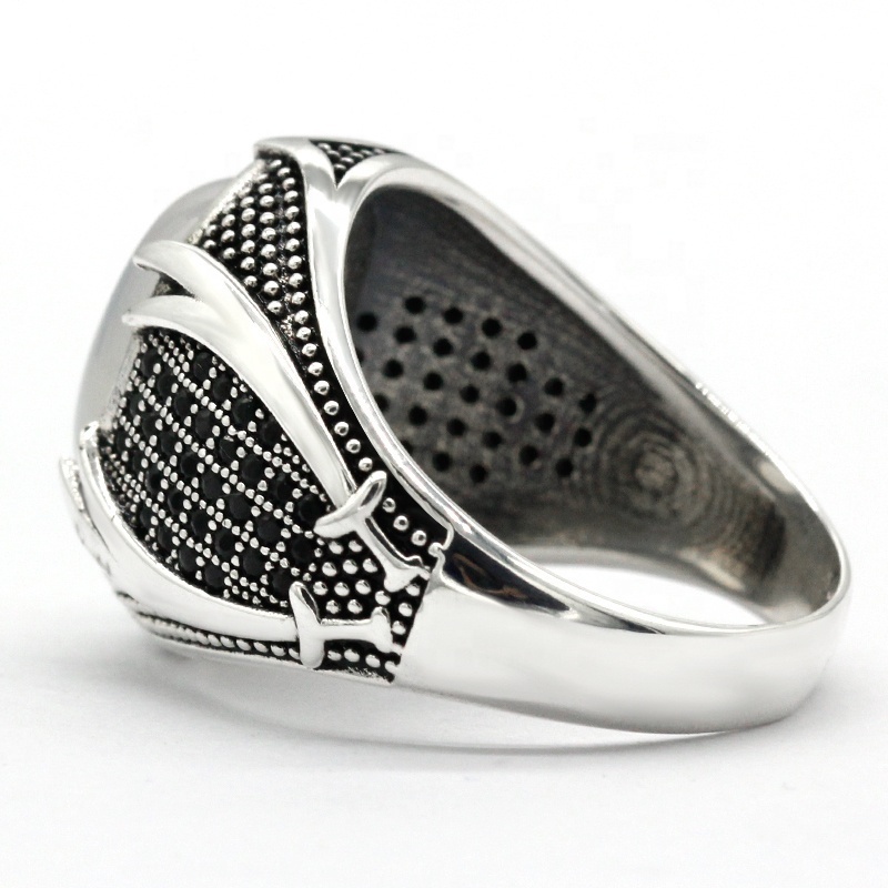 Real 925 Sterling Silver Men Rings with  Natural White Agate Stone Vintage  Thailand Silver Ring