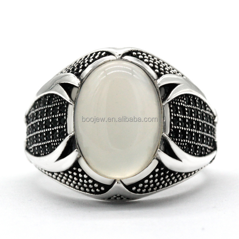 Real 925 Sterling Silver Men Rings with  Natural White Agate Stone Vintage  Thailand Silver Ring