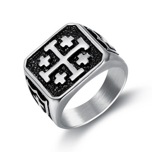 Punk 316L Stainless Steel Jerusalem Cross Ring Jesus Christ Medieval Knight Templar Military Vintage Ring for Male Jewelry