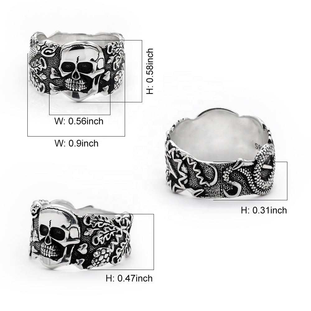 Wholesale S925 Sterling Silver Skull Men Rings Hip Pop Retro Punk Style Masonic Skull Ring for Man