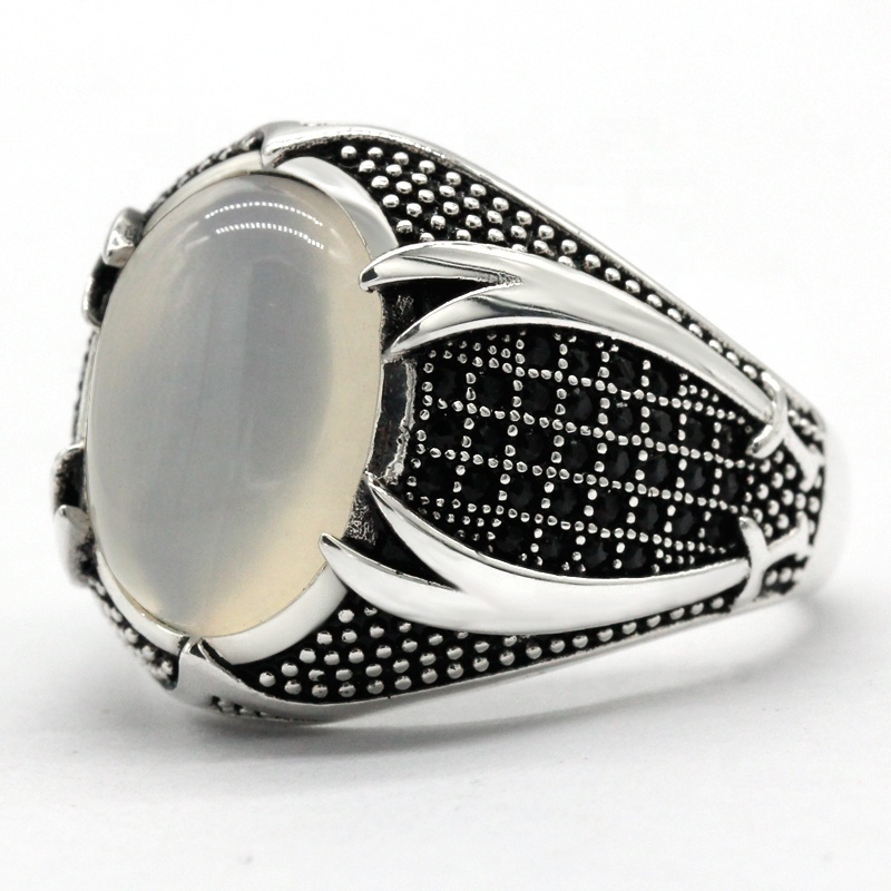 Real 925 Sterling Silver Men Rings with  Natural White Agate Stone Vintage  Thailand Silver Ring