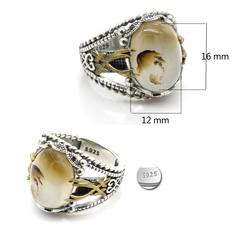 Wholesale 925 Sterling Silver Natural Agate Stone Rings for Men Antique Jewelry