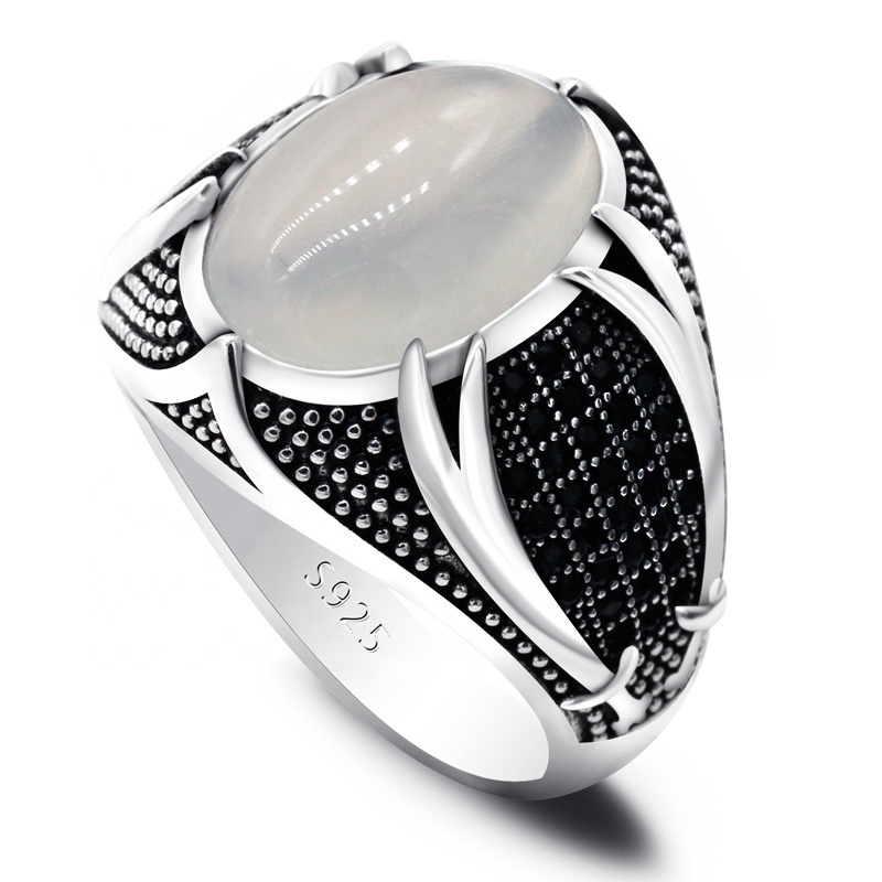 Real 925 Sterling Silver Men Rings with  Natural White Agate Stone Vintage  Thailand Silver Ring