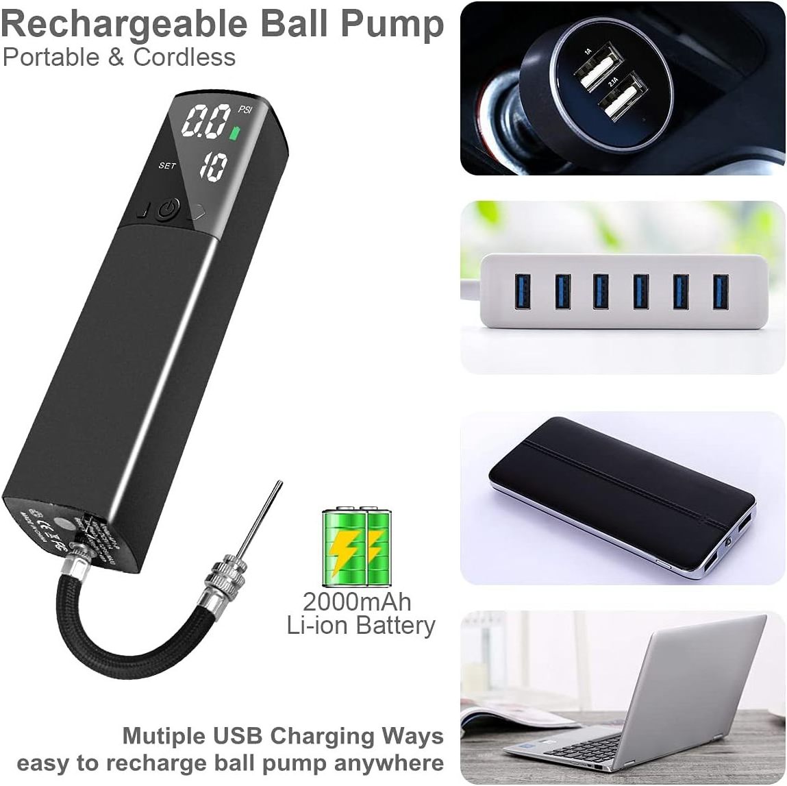 Rechargeable Air Pump for Balls with 2 Needles & 1 Nozzle Fast Ball Inflator for Basketball, Soccer, Volleyball, Rugbyball