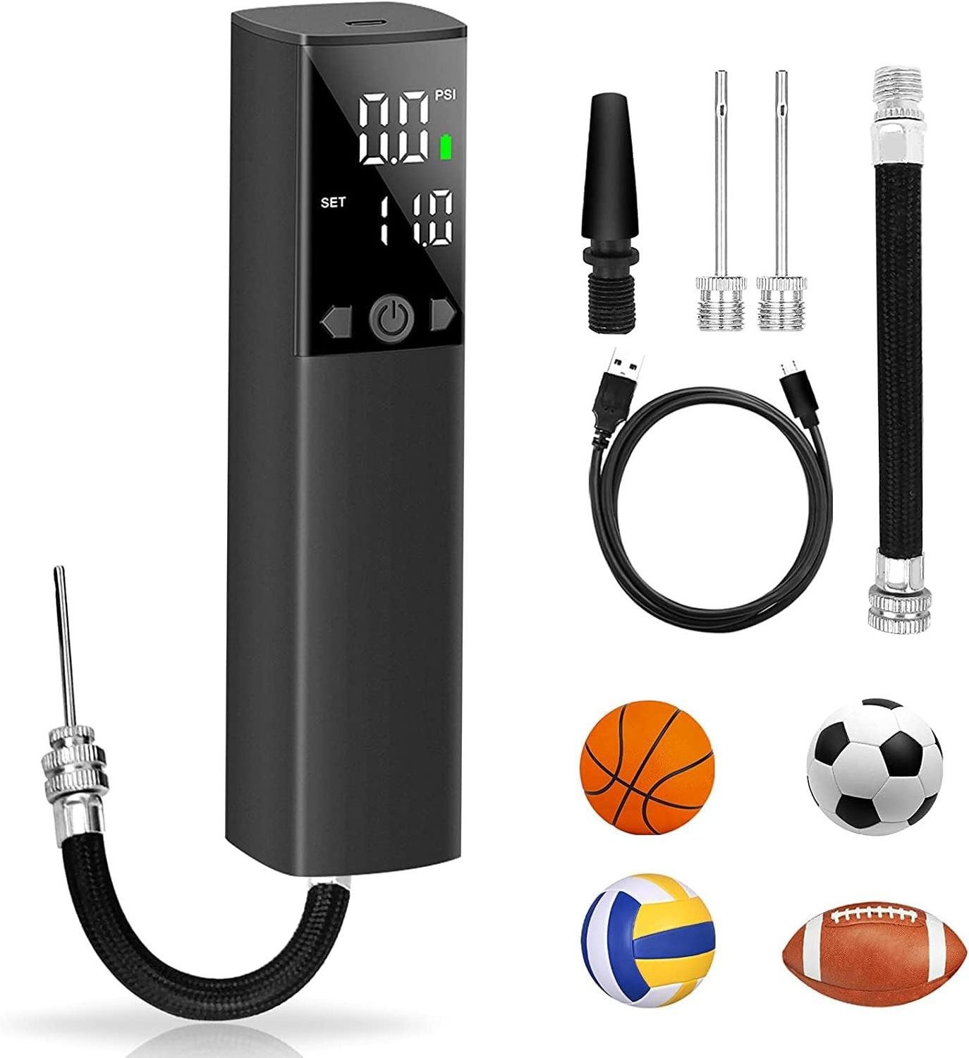 Rechargeable Air Pump for Balls with 2 Needles & 1 Nozzle Fast Ball Inflator for Basketball, Soccer, Volleyball, Rugbyball