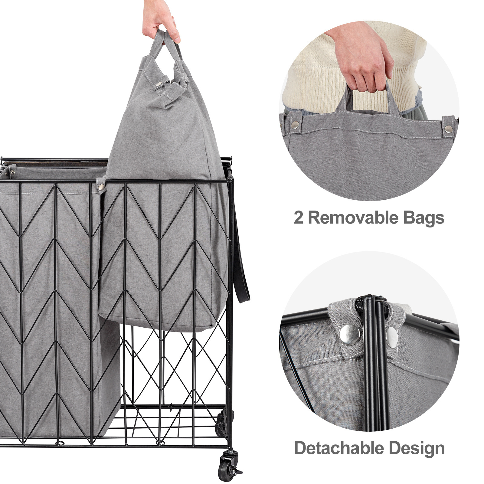 Laundry Basket with Wheels, Heavy Duty Laundry Hamper with Wood Lid, Clothes Hamper with Divided Removable Liner Bag, Grey