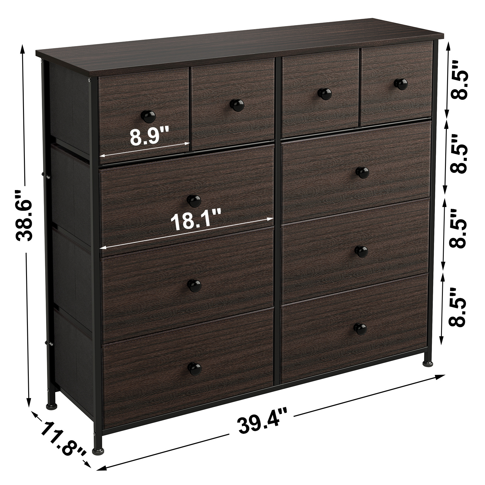 10 Drawer Dresser for Bedroom Fabric Storage Tower Wide Rustic Brown Dresser with Wood Top Sturdy Steel Frame Storage Organizer