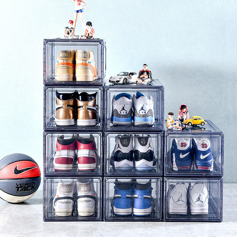 Transparent Plastic Sneaker Stackable, Shoe Storage Boxes Drop Front Acrylic Drawer Type Magnetic Clear Shoe Box