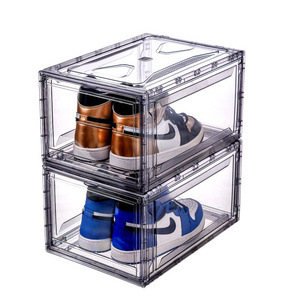 Transparent Plastic Sneaker Stackable, Shoe Storage Boxes Drop Front Acrylic Drawer Type Magnetic Clear Shoe Box