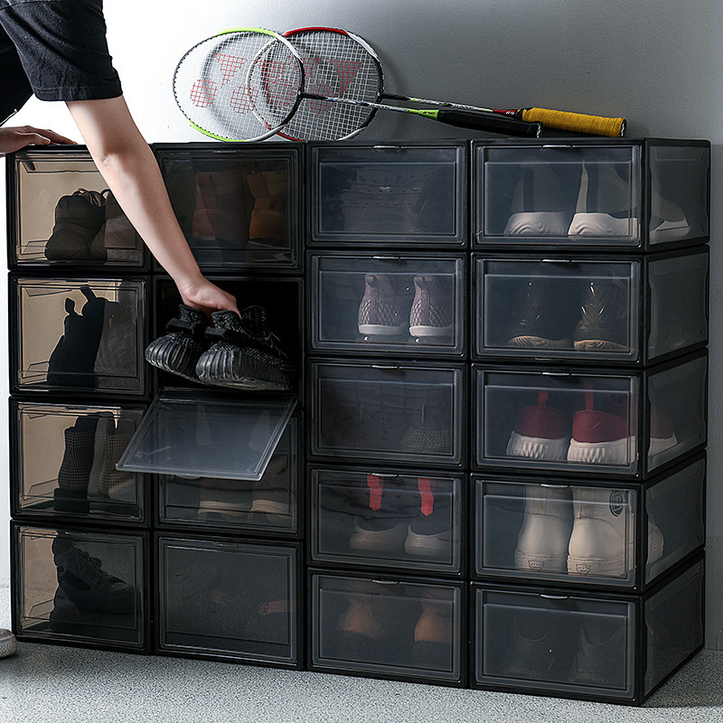 Transparent Plastic Sneaker Stackable, Shoe Storage Boxes Drop Front Acrylic Drawer Type Magnetic Clear Shoe Box