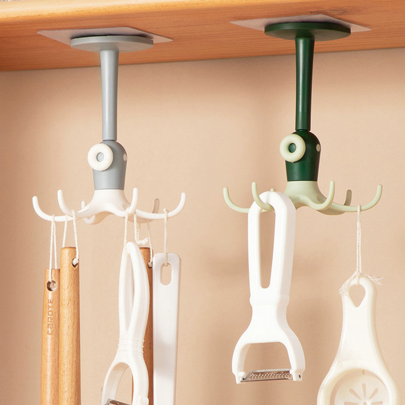 Under Cabinet Utensil Holder Hanger Hook Kitchen Utensil Hanger with 6 Hooks Rotatable Adhesive Kitchen Hooks