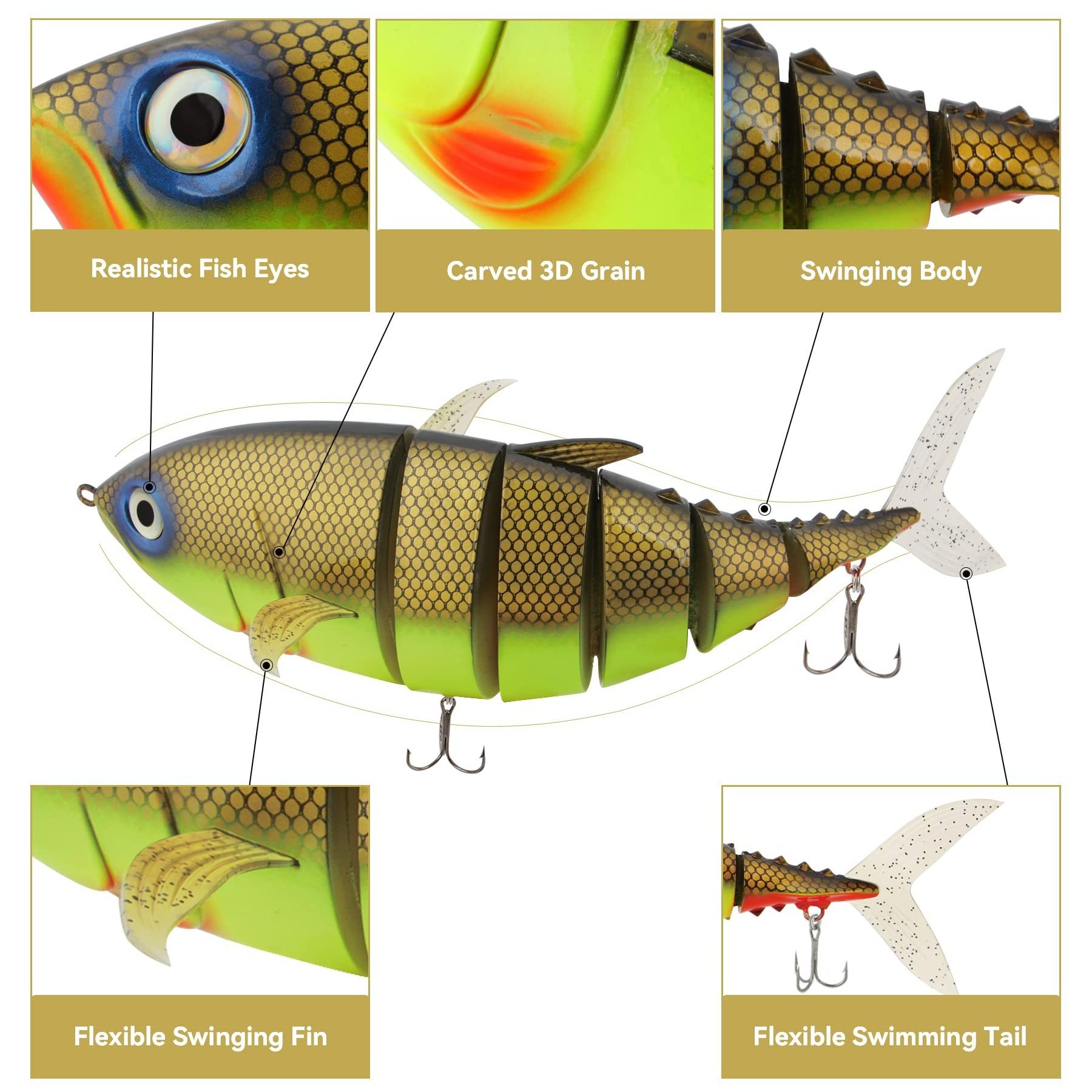 Multi Jointed 3D Fishing Lure Eyes Carved 3D Grain 15.75in/2.26lb MJ1 Crankbaits for Bass Trout Lures Fishing Baits Lure