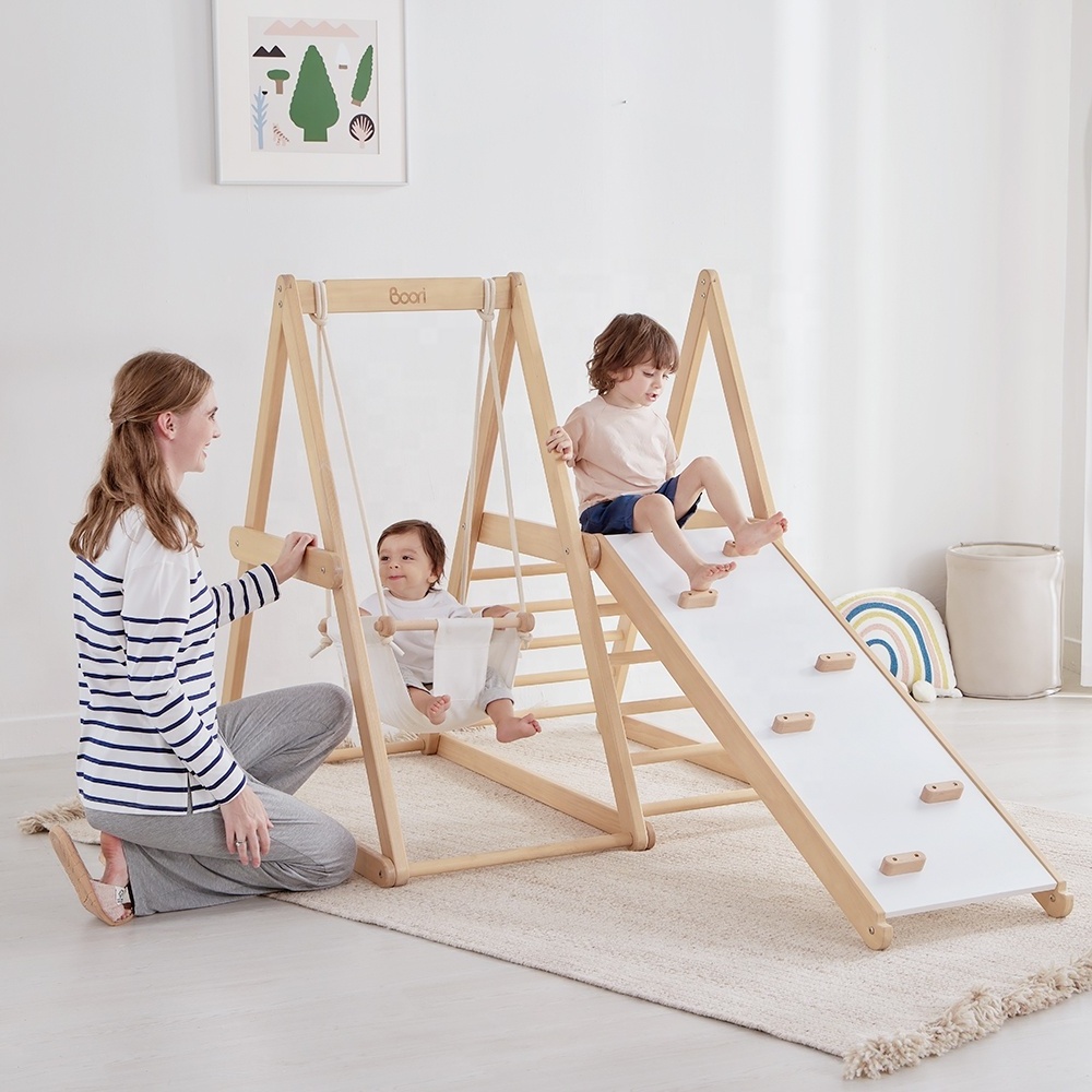 Only B2B Boori Children Wooden Playground Small Indoor Jungle Gym Wooden Kids Climbing Frame Indoors With Swing